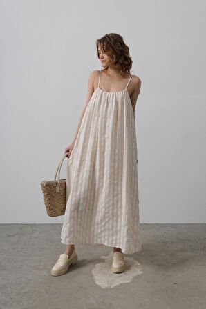 Askılı Çizgi Desen Elbise - Haki