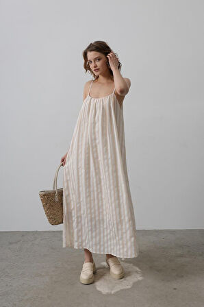 Askılı Çizgi Desen Elbise - Haki