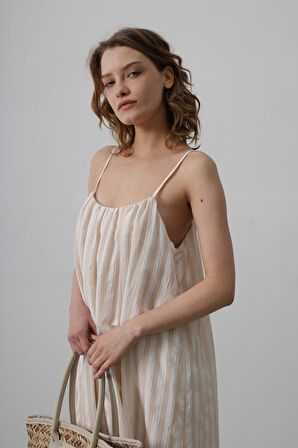 Askılı Çizgi Desen Elbise - Haki