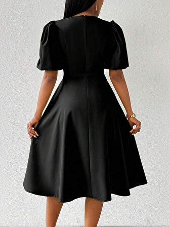 Kadın Kısa Balon Kollu Bisiklet Yaka Kiloş Janjan Krep Elbise