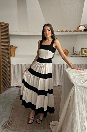 Bej Arkası Fiyonklu Keten Elbise