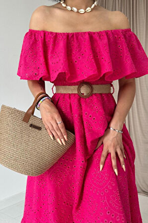 Yeşil Omzu Lastikli Brode Elbise