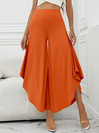 Kadın Yüksek Belli Geniş Paçalı Yanlardan Açık Sandy Pantolon