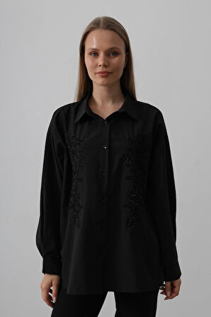 Boncuk Nakış Detaylı Uzun Gömlek - Bordo