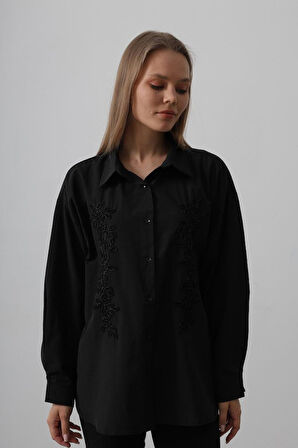 Boncuk Nakış Detaylı Uzun Gömlek - Bordo