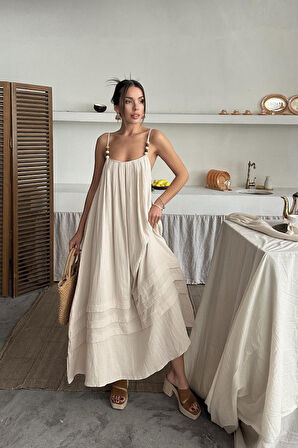 Lacivert Askılı Müslin Elbise