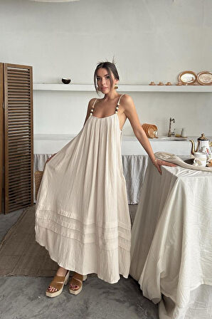 Lacivert Askılı Müslin Elbise