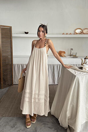 Lacivert Askılı Müslin Elbise