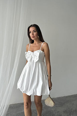 Mavi Önü Fiyonklu Askılı Elbise