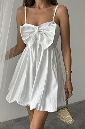 Mavi Önü Fiyonklu Askılı Elbise