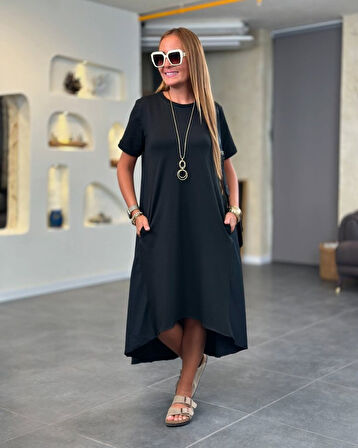 Kadın Kısa Kollu Bisiklet Yaka Asimetrik Kesim ön Viskon Arkası Trikoton Elbise