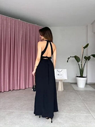 Kadın Krinkil Kumaş Beli Gipeli Halter Yaka Maxi Boy Elbise
