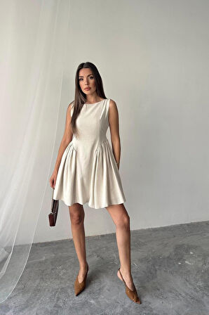 Siyah Mini Boy Büzgülü Keten Elbise