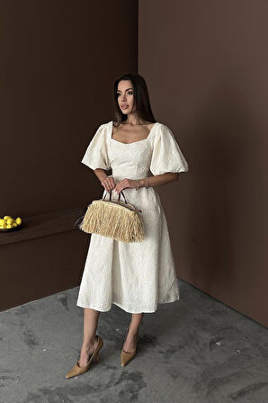 Ekru Balon Kollu Dantelli Brode Elbise