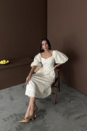 Ekru Balon Kollu Dantelli Brode Elbise