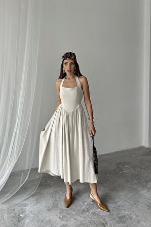 Fuşya Boyundan Bağlamalı Keten Elbise