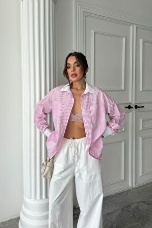 YAKA VE MANŞET BEYAZBOYFRİEND ÇİZGİLİPOPLİN GÖMLEK - Pembe