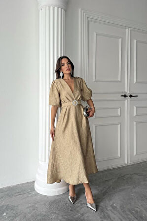 Siyah Işıltılı Kemerli Kruvaze Elbise