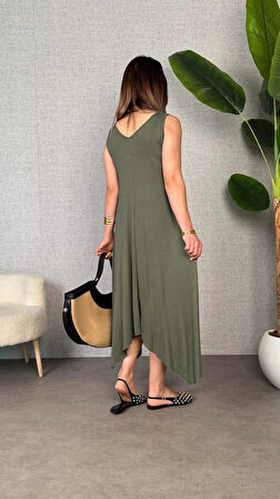 Kadın çan Dokuma Kumaş V Yaka Asimetrik Kesim Elbise