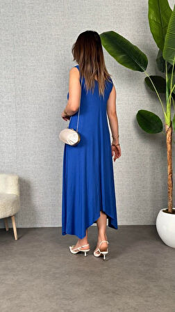 Kadın çan Dokuma Kumaş V Yaka Asimetrik Kesim Elbise