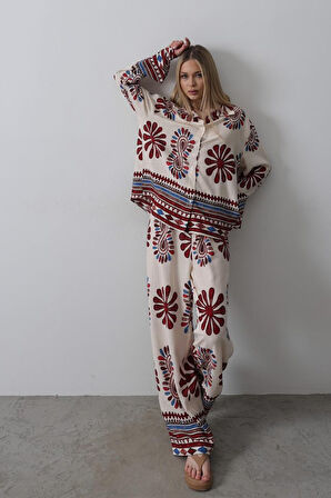 Desenli Kolları Volanlı Pantolon Takım - Antrasit