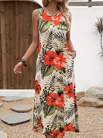 Kadın Askılı Yuvarlak Yaka Cepli Desenli Süprem Elbise