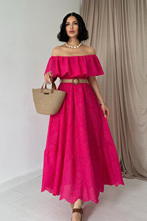 Yeşil Omzu Lastikli Brode Elbise