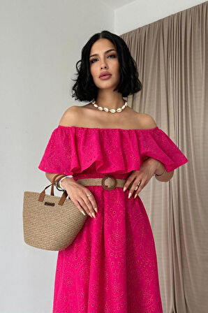 Yeşil Omzu Lastikli Brode Elbise