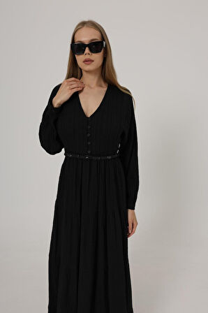 Önü Yarım Düğmeli Uzun Kol Kemerli Elbise - Haki