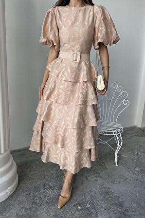 Bebe Mavi Kat Kat Balon Kollu Kemerli Elbise