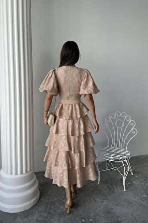 Bebe Mavi Kat Kat Balon Kollu Kemerli Elbise