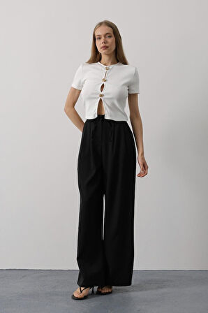 Pileli Bağcıklı Oversize Pantolon - Gri