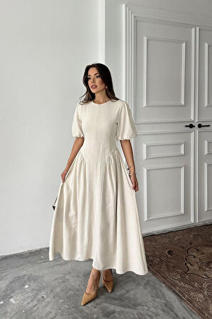 Pembe Arkadan Bağlamalı Büzgülü Keten Elbise