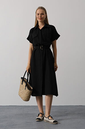 Kuşaklı Cep Detaylı Yarım Kol Elbise - Kahve