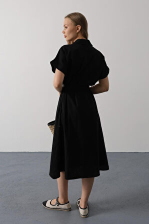 Kuşaklı Cep Detaylı Yarım Kol Elbise - Kahve