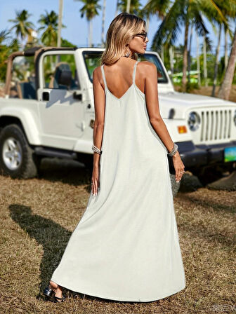 Kadın Askılı V Yakalı Etnik şerit Detaylı Uzun Viskon Elbise