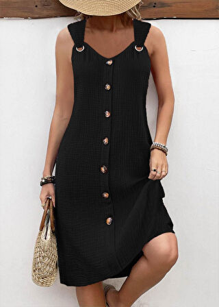 Kadın Askılı V Yakalı önden Düğmeli Narin Elbise