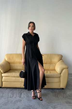 KOLSUZ VATKALI ÖNDEN DÜĞMELİBEL PENS DETAYLI POPLİN ELBİSE - Siyah