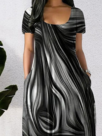 Kadın Kısa Kollu Yuvarlak Yaka Cepli Salaş Baskılı Süprem Elbise