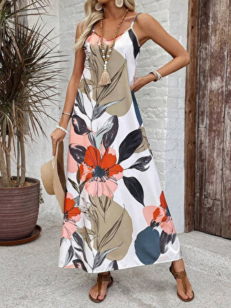 Kadın Ip Askılı Geniş V Yakalı Desenli Süprem Elbise