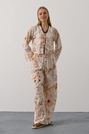 Çiçek Desen Önü Bağlamalı Pantolon Takım - Taş