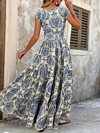 Kadın Kısa Kollu Kruvaze Yaka Beli Lastikli Süprem Maksi Boy Elbise