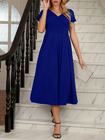 Kadın Kısa Kollu V Yakalı önden Pileli Midi Janjan Krep Elbise