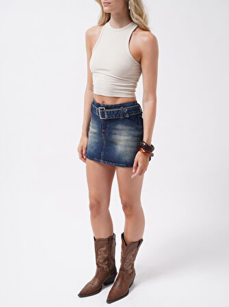Kemer Detay Denim Mini Etek