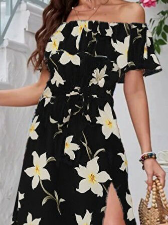 Kadın Kısa Kollu Madonna Yaka Fırfırlı Belden Yırtmaçlı Maksi örme Krep Elbise