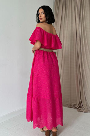 Yeşil Omzu Lastikli Brode Elbise