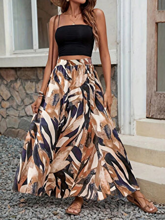 Kadın Beli Büzgülü Yandan Yırtmaçlı Desenli Süprem Etek