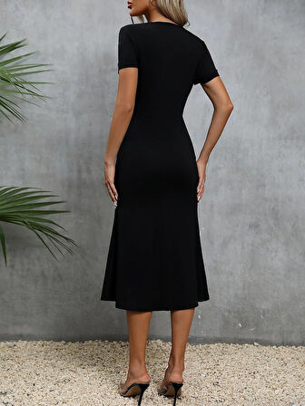 Kadın Kısa Kollu Kare Yakalı Ip Detaylı Janjan Krep Elbise