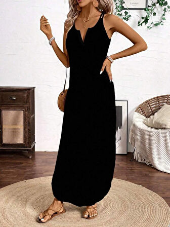 Kadın Askılı Yuvarlak Yaka Asimetrik Detaylı Viskon Elbise