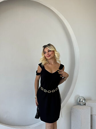 Kadın Askılı Soğuk Omuz Detaylı Modal Elbise